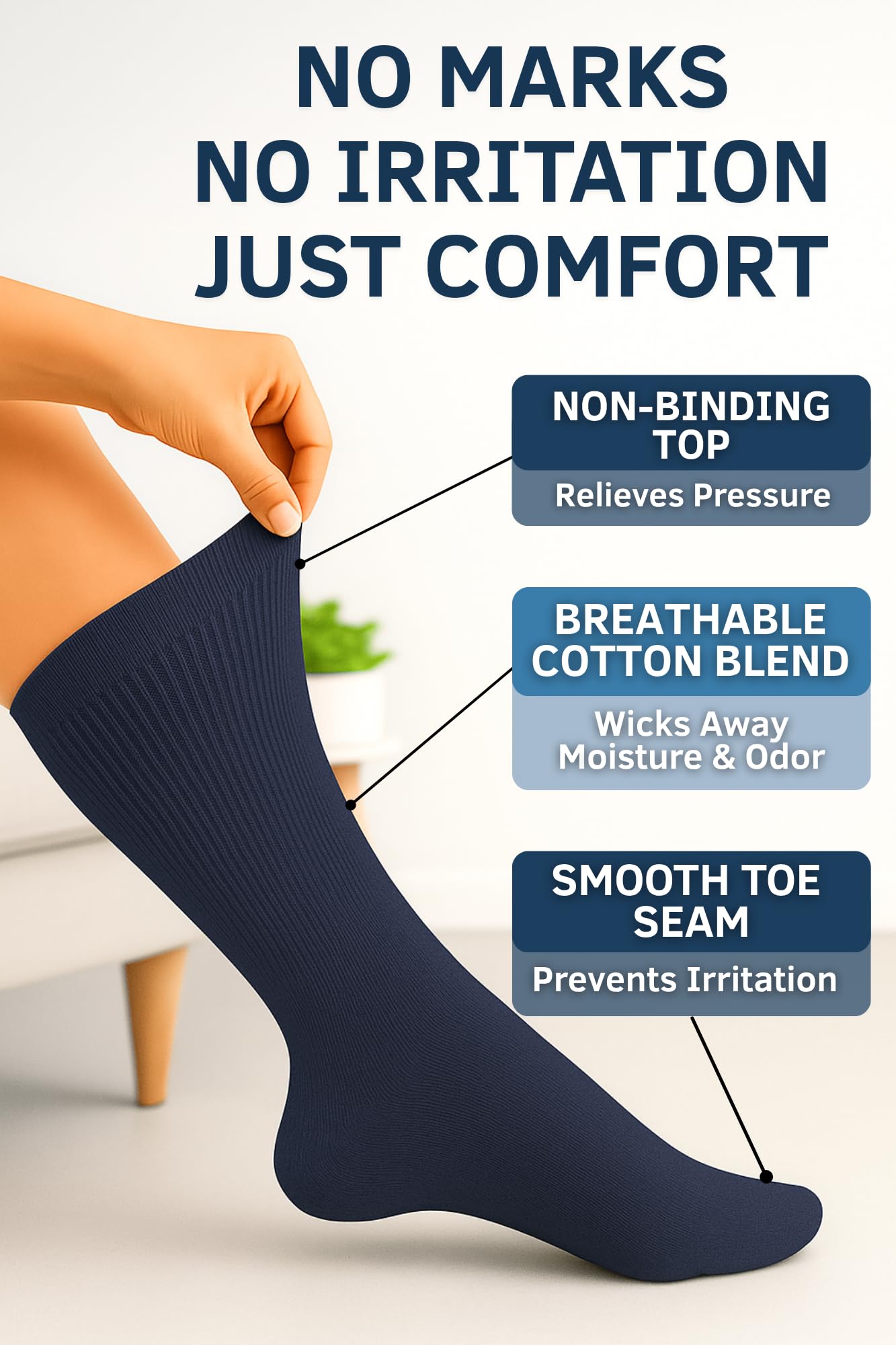 Special Essentials crew-length diabetic socks provide non-binding comfort for daily wear.