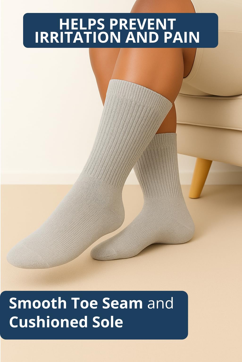 Special Essentials diabetic socks gray crew on foot demonstrates all-day comfort.
