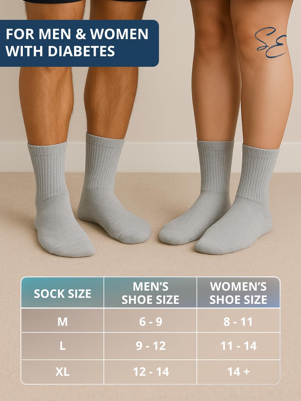 Special Essentials diabetic socks swelling-friendly model demonstrates non-binding support.