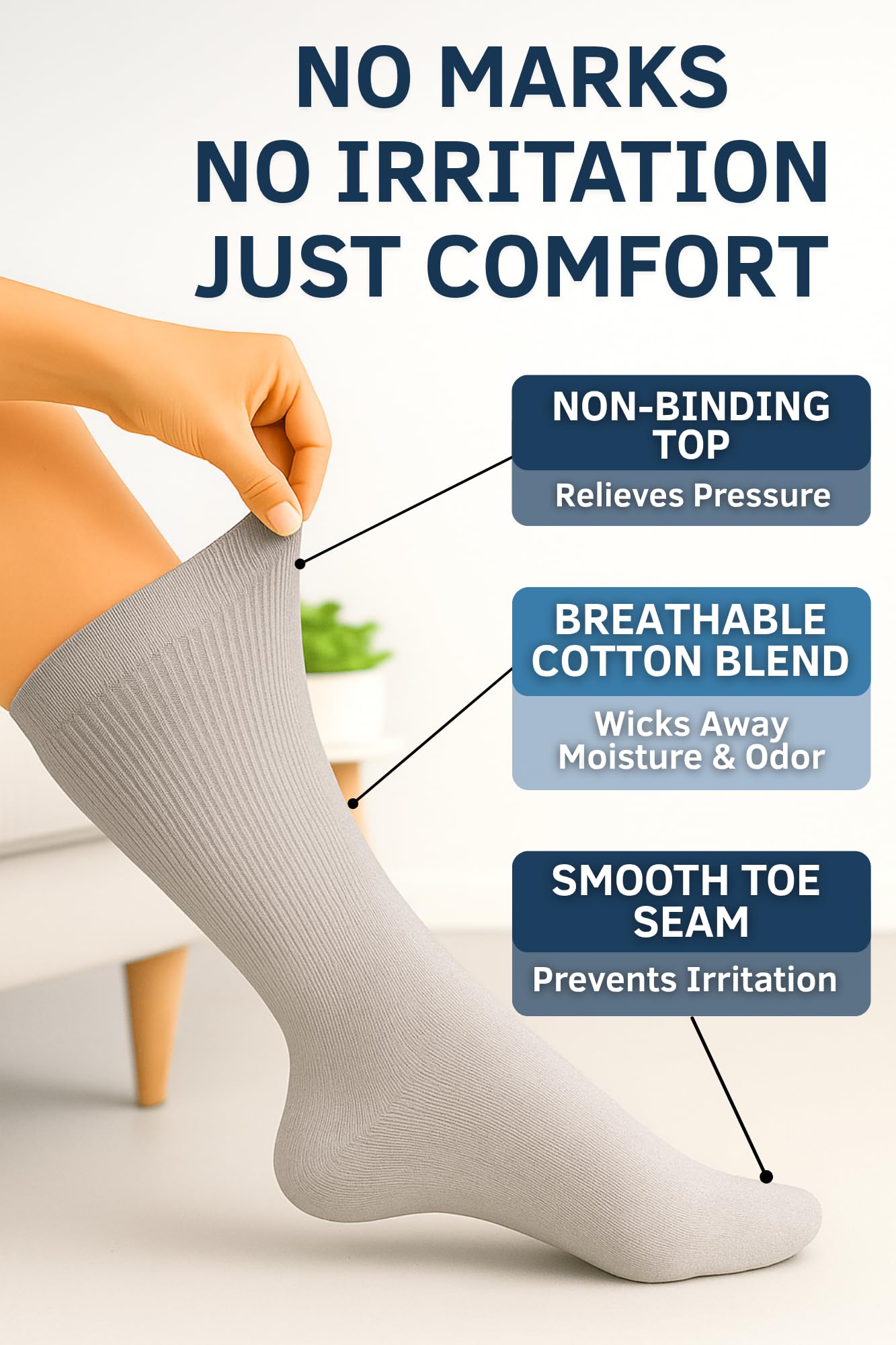 Special Essentials diabetic socks wide top closeup shows non-binding fit for comfortable wear.