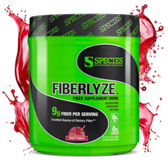 Species Nutrition Fiberlyze fruit punch bottle being poured for easy daily fiber support.