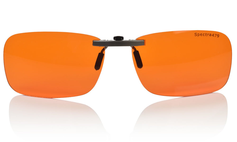Spectra479 blue light clip-on glasses front view, lightweight design reduces eyestrain during long screens.