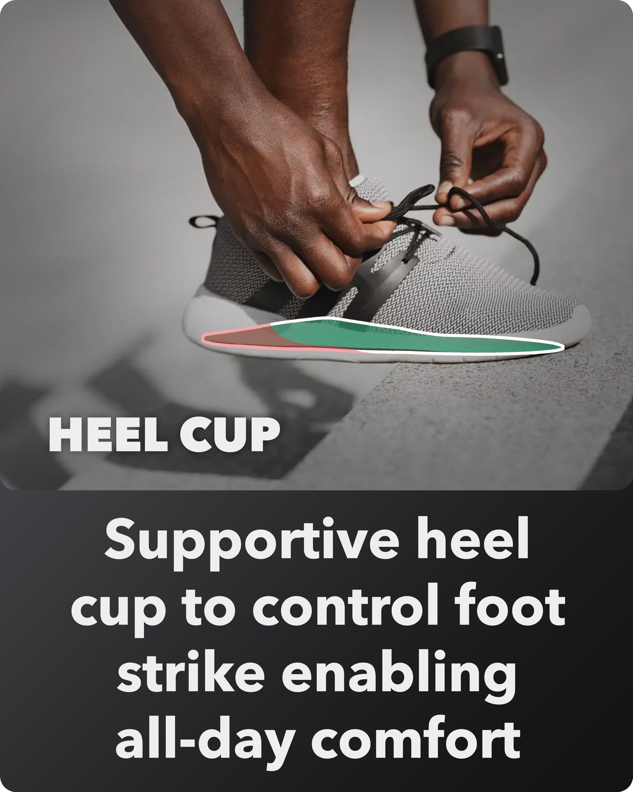 Spenco Rx deep heel cup provides stable support from initial contact.