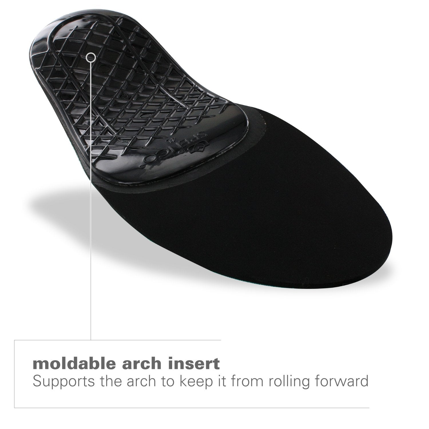 Spencore cushioning layer softens impact for smoother steps.