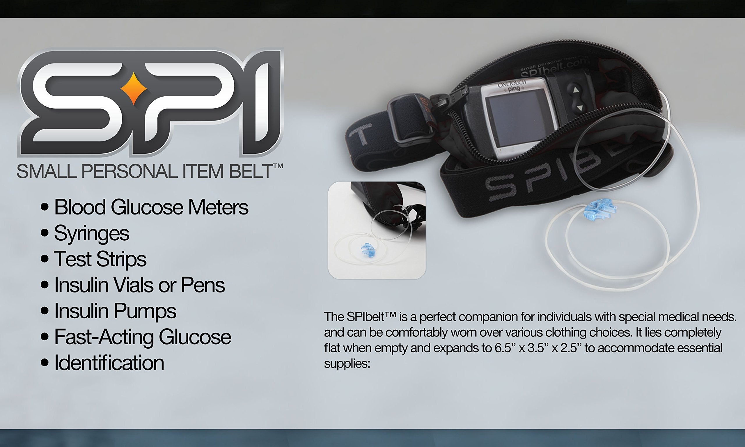 SPIbelt Diabetic Belt carries glucose meters and supplies for quick access.