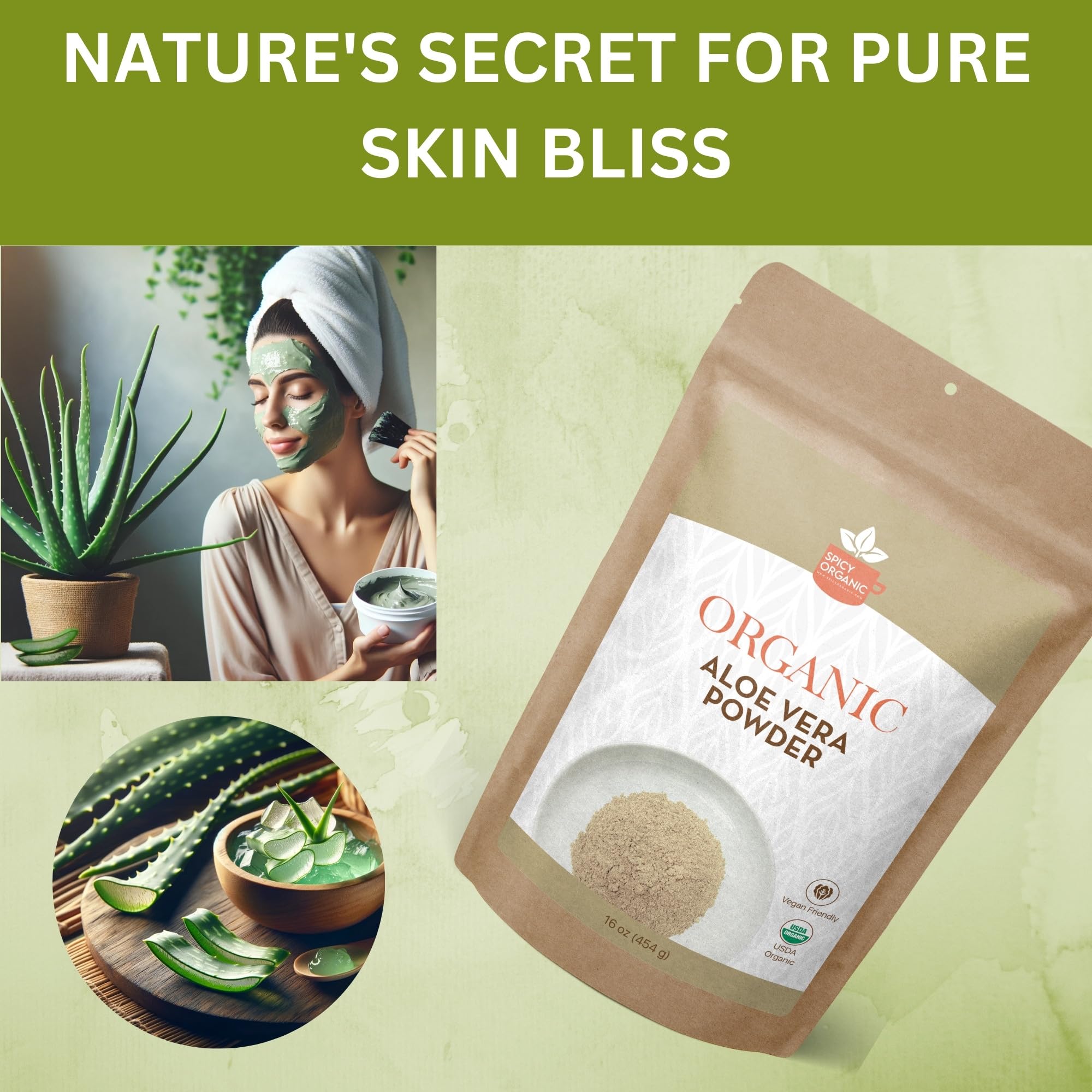 SPICY ORGANIC Aloe Vera Powder label emphasizing organic ingredients and non-GMO status.