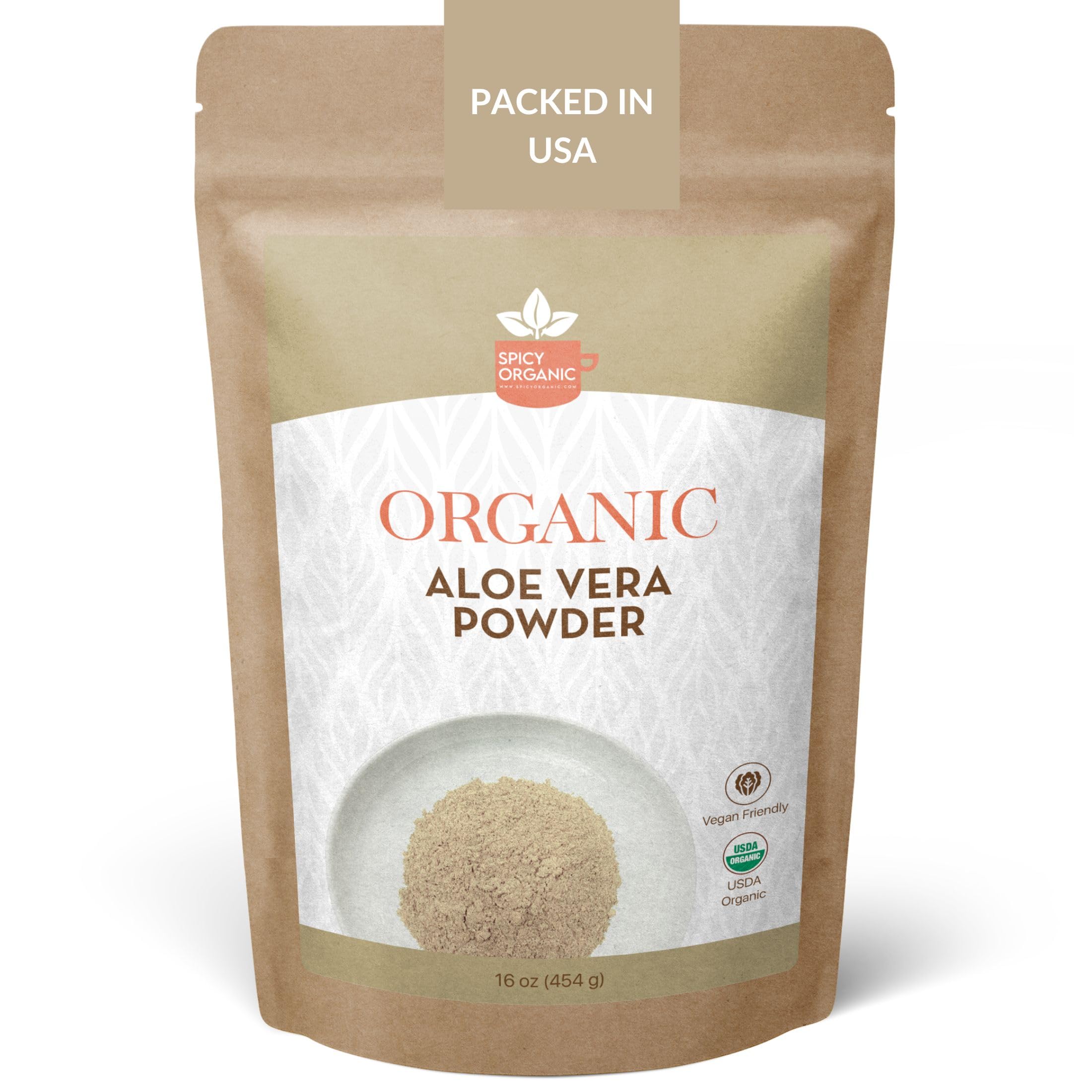 SPICY ORGANIC Aloe Vera Powder packaging shows USDA Organic certification for pure skincare.
