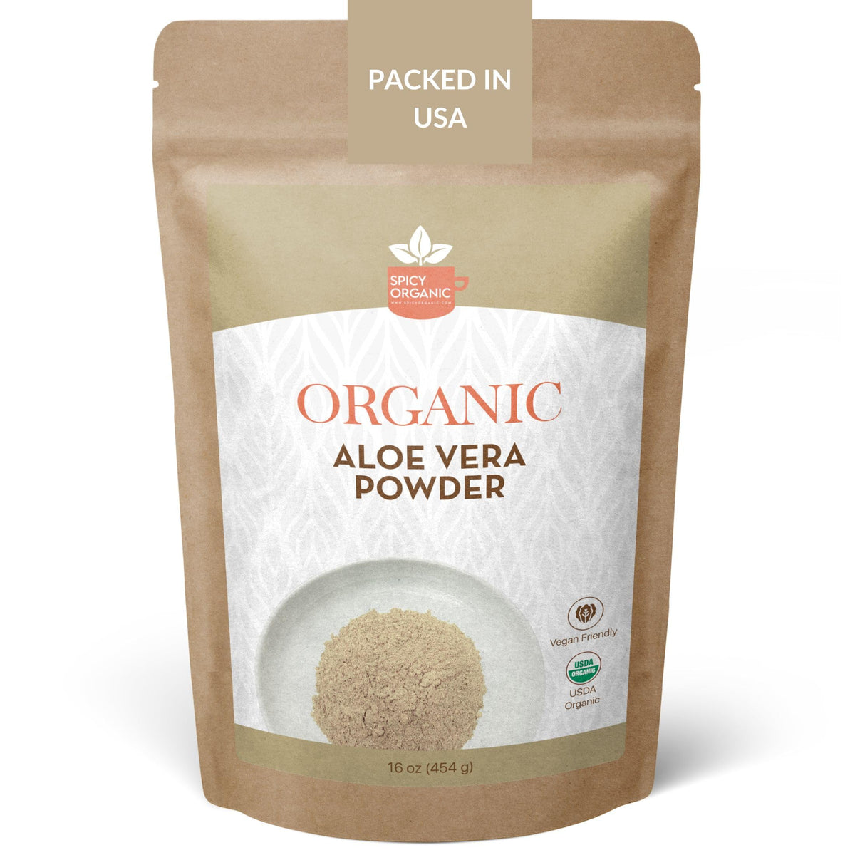 SPICY ORGANIC Aloe Vera Powder packaging shows USDA Organic certification for pure skincare.