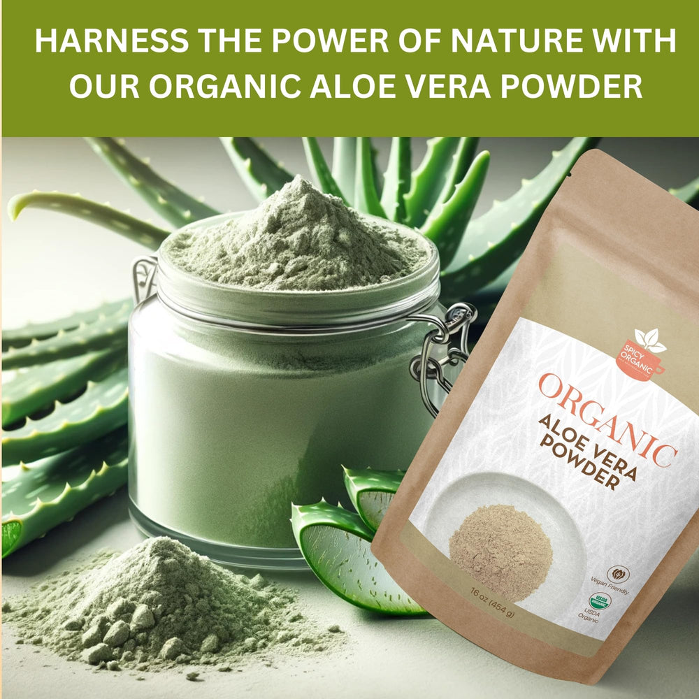SPICY ORGANIC Aloe Vera Powder USDA Organic certification visible on packaging.