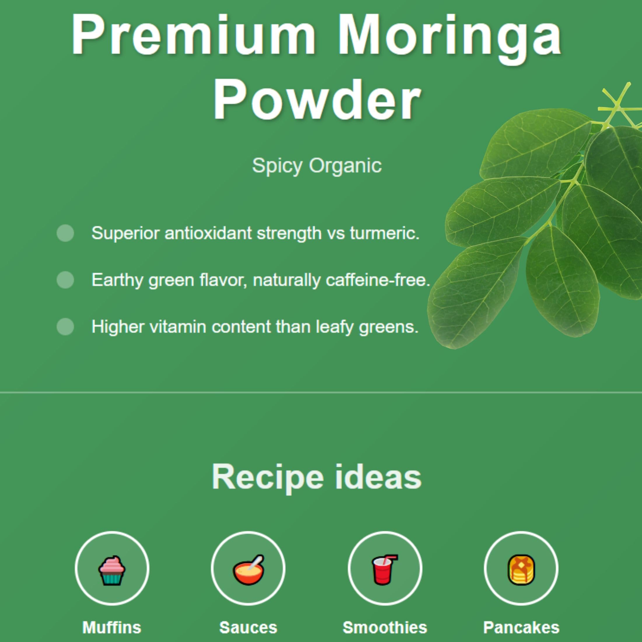 SPICY ORGANIC Moringa powder label highlighting organic and vegan claims.