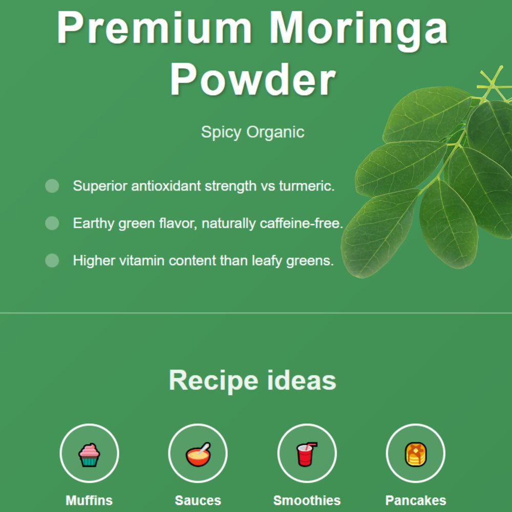 SPICY ORGANIC Moringa powder label highlighting organic and vegan claims.