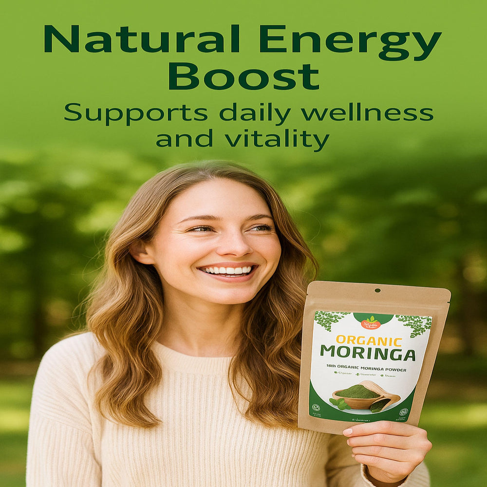 SPICY ORGANIC Moringa powder label close-up emphasizes organic packaging.