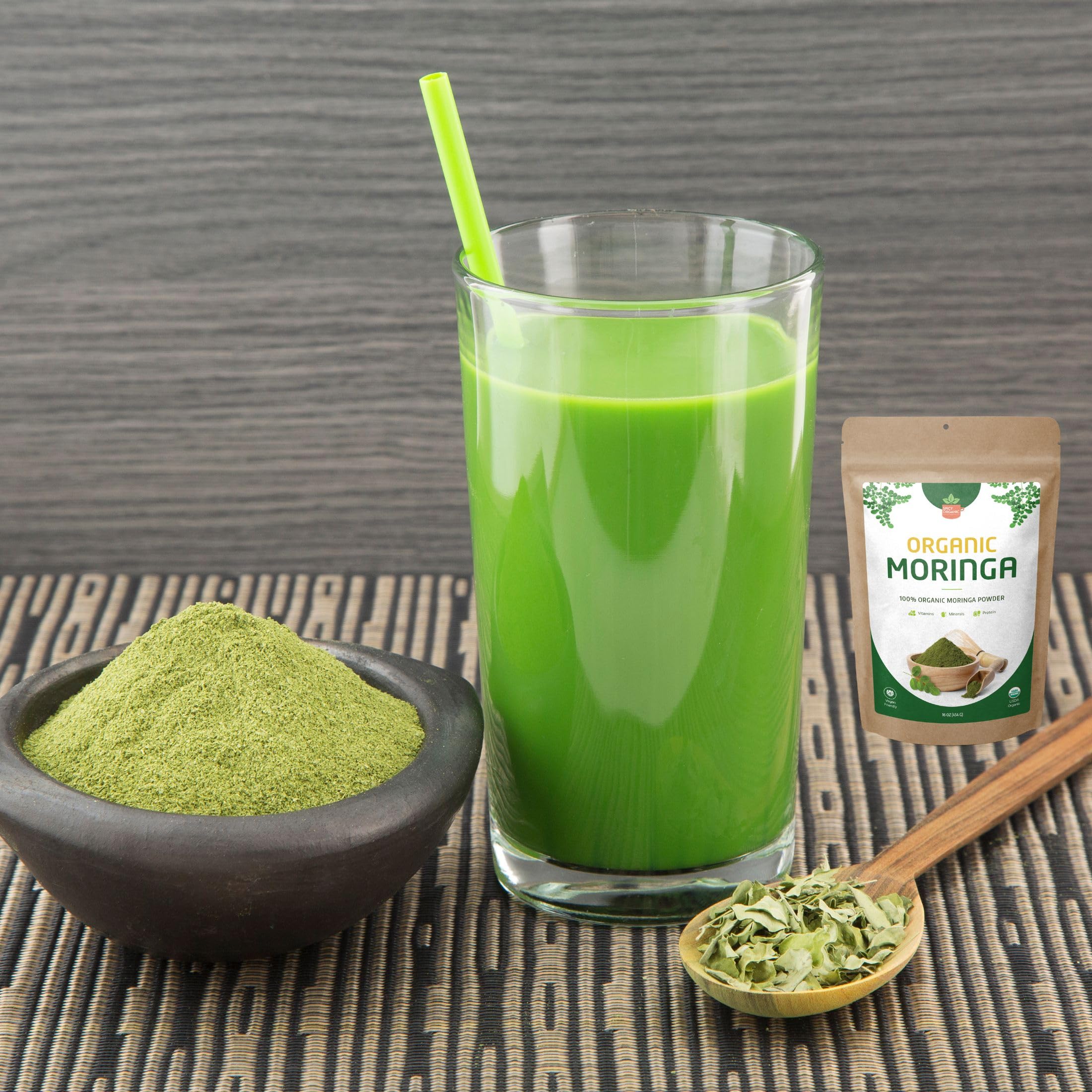 SPICY ORGANIC Moringa powder packaging close-up reinforces freshness.