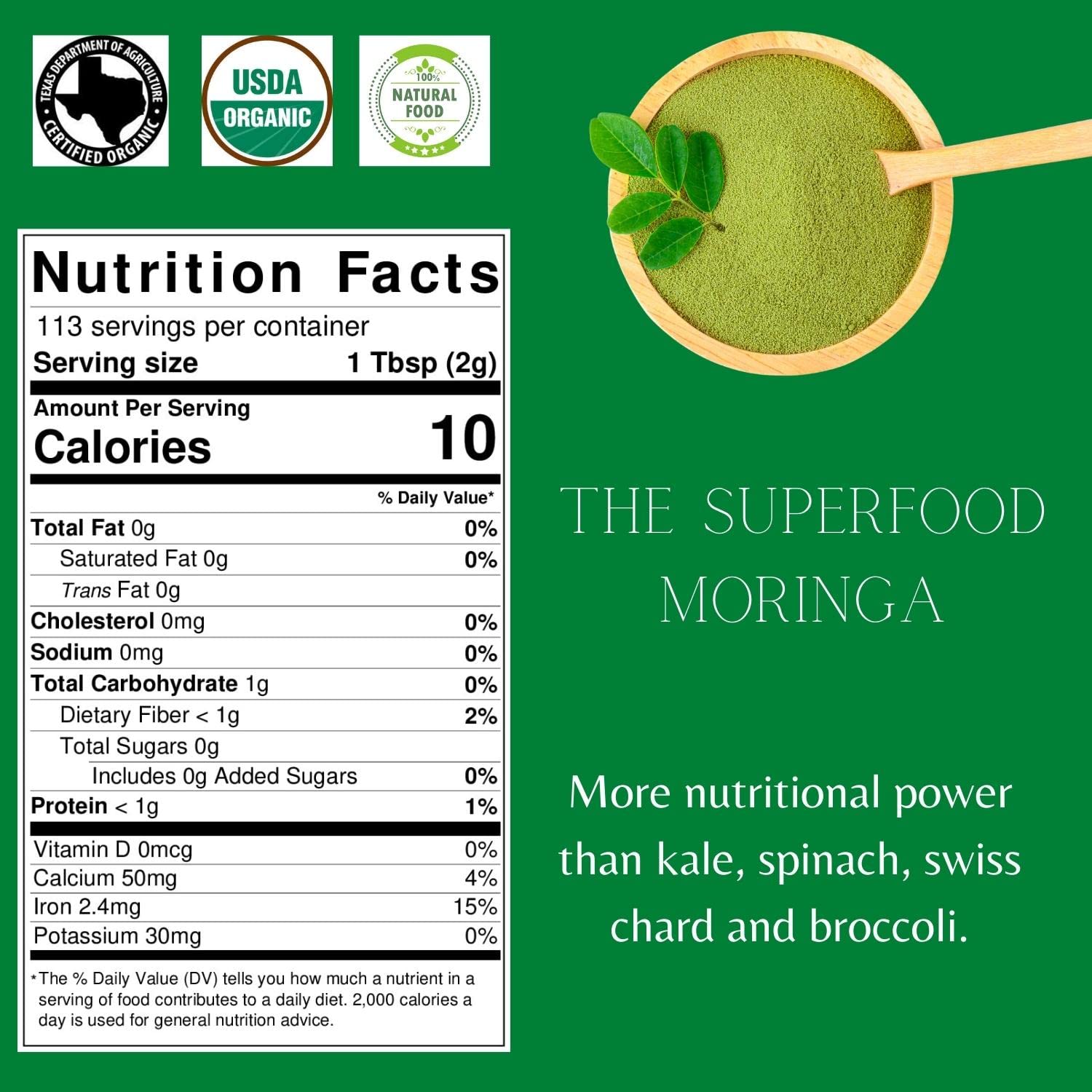 SPICY ORGANIC Moringa leaf powder pouch back with purity details and certifications.