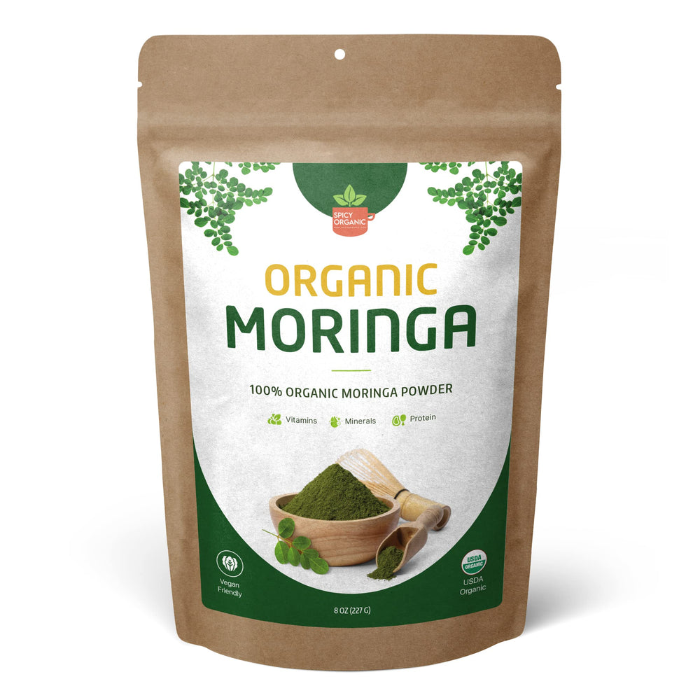 SPICY ORGANIC Moringa leaf powder pouch front for energy-boosting smoothies.