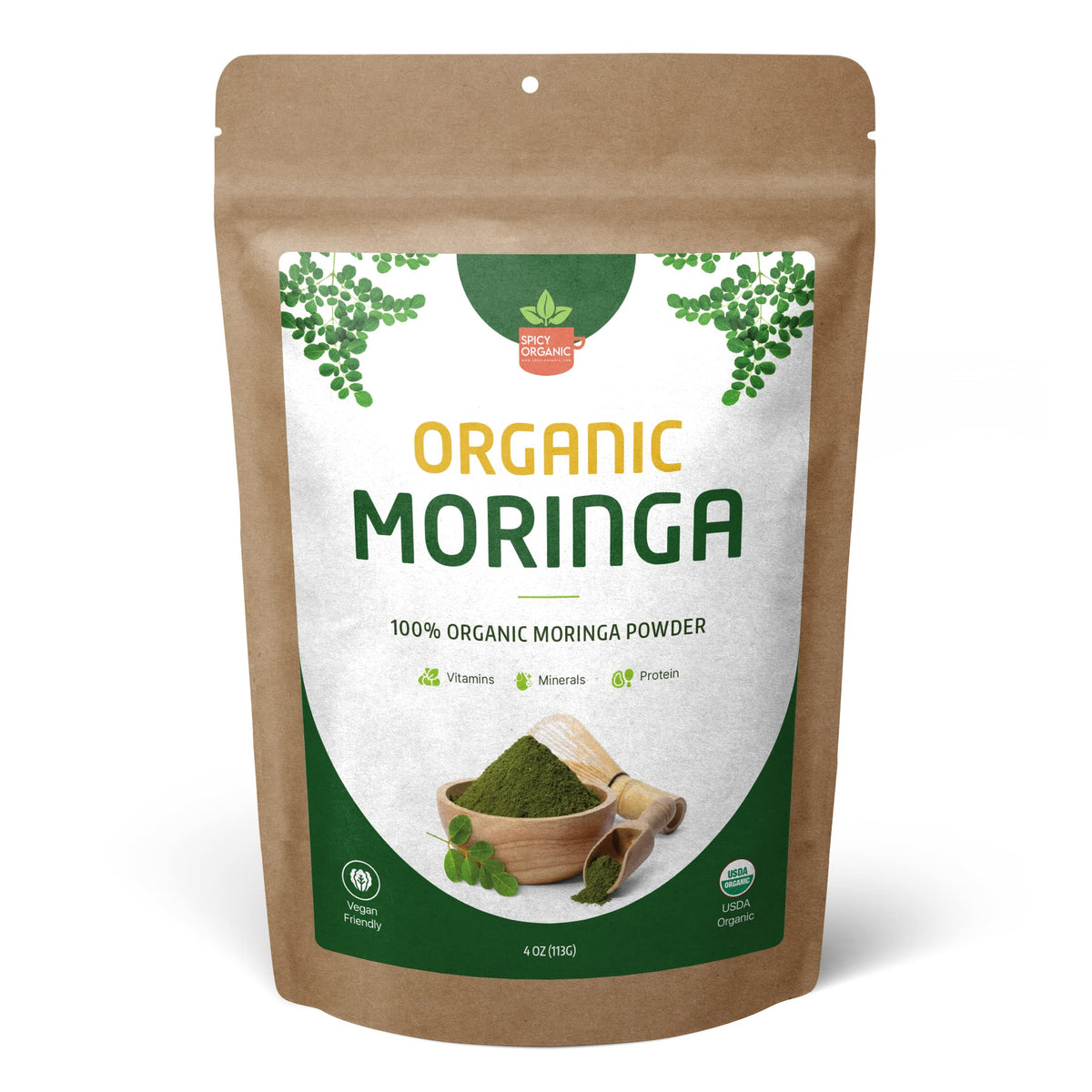 SPICY ORGANIC Moringa leaf powder pouch shows fresh, single-ingredient greens for daily smoothies.