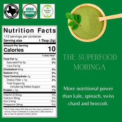 SPICY ORGANIC Moringa scoop sits beside powder for easy daily portions.