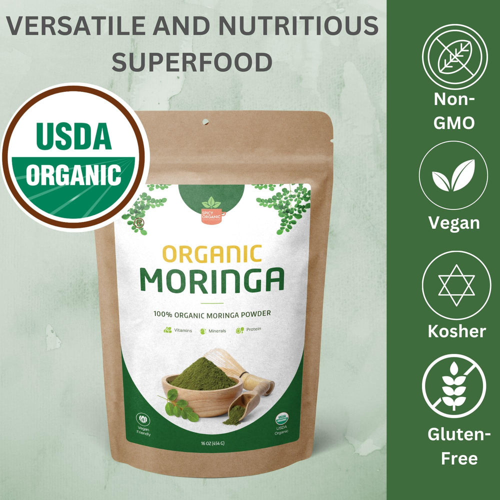 SPICY ORGANIC Moringa leaf powder in a bowl signals wholesome plant-based nutrition.