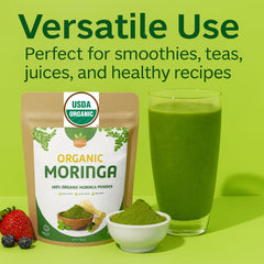 SPICY ORGANIC Moringa powder in tea cup ready to steep for a light boost.
