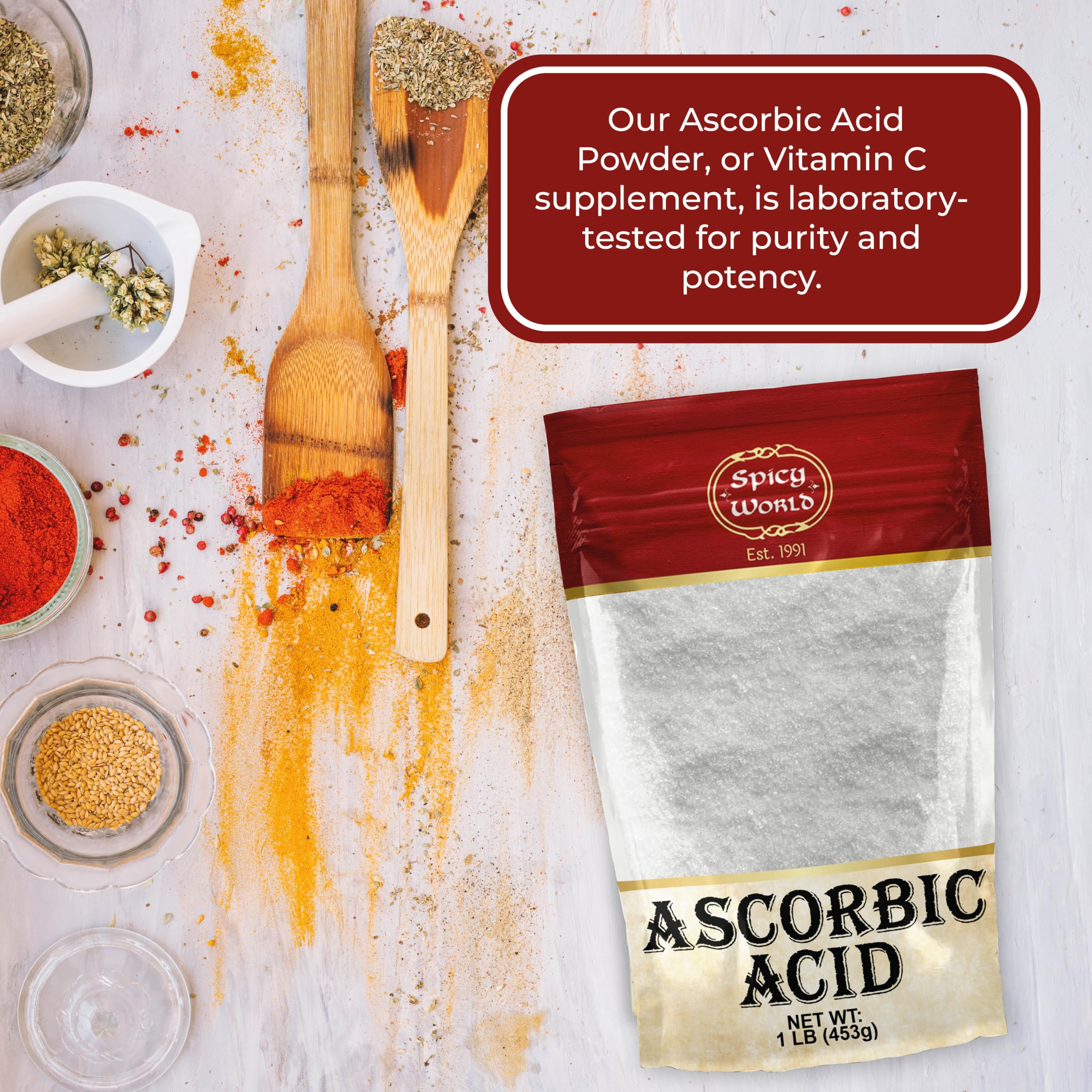 Spicy World ascorbic acid powder storage in a cool pantry for potency