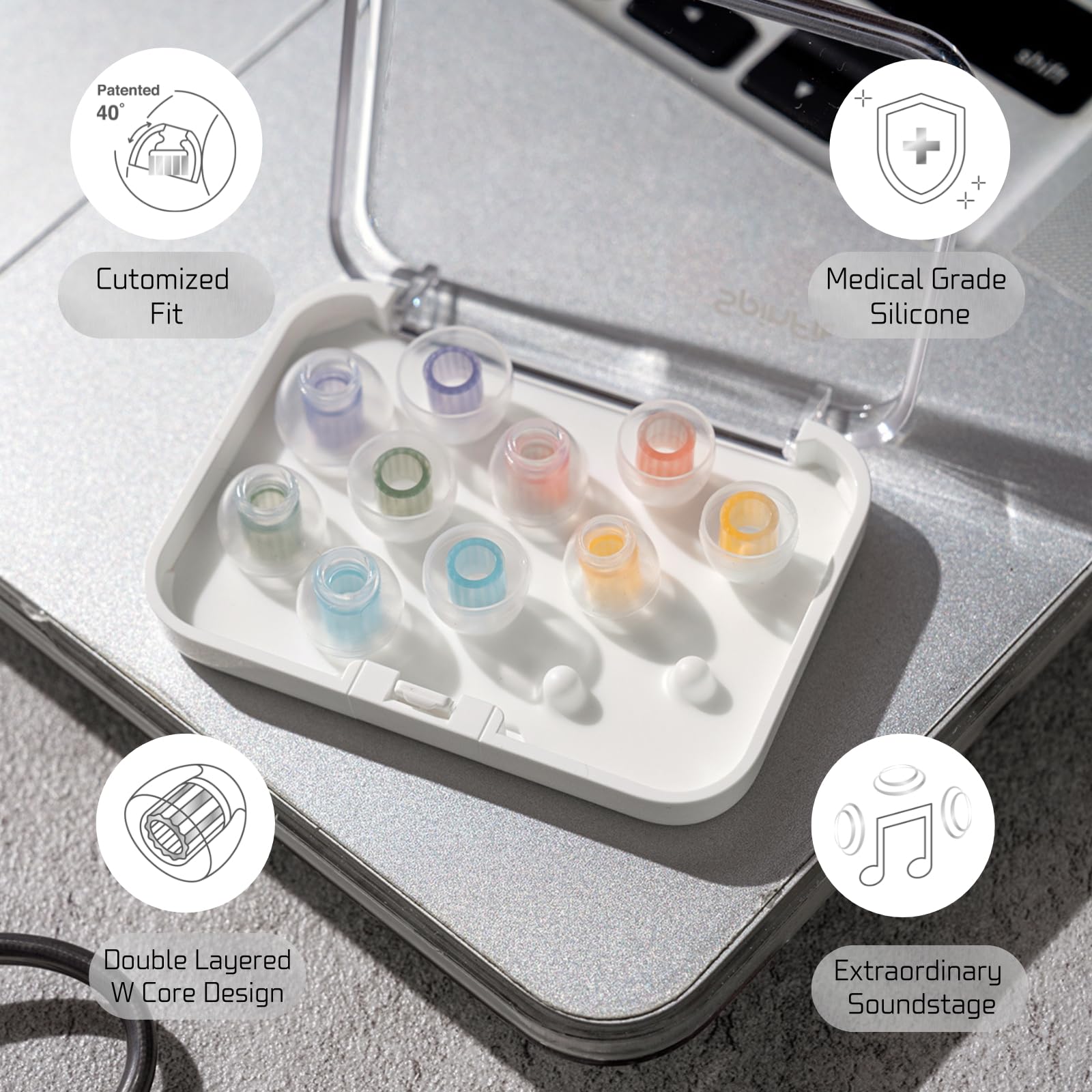 SpinFit W1 IEM spinnable axis close-up shows adaptable fitting.