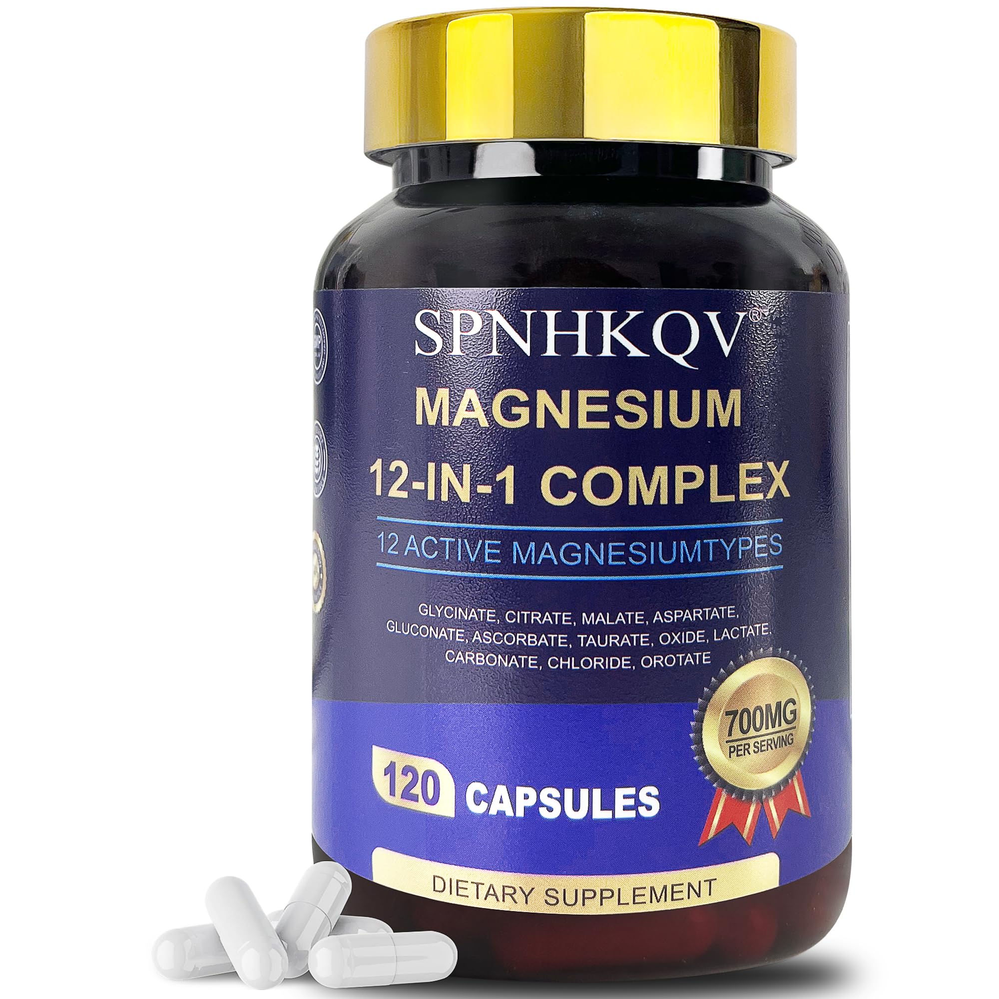 SPNHKOV Magnesium 12-in-1 bottle front showing 120 vegan capsules for daily wellness