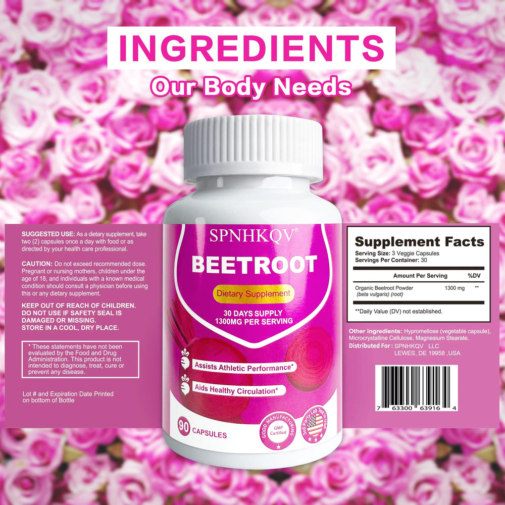 SPNHKOV organic beetroot powder capsules close-up emphasizing 100% organic ingredients.