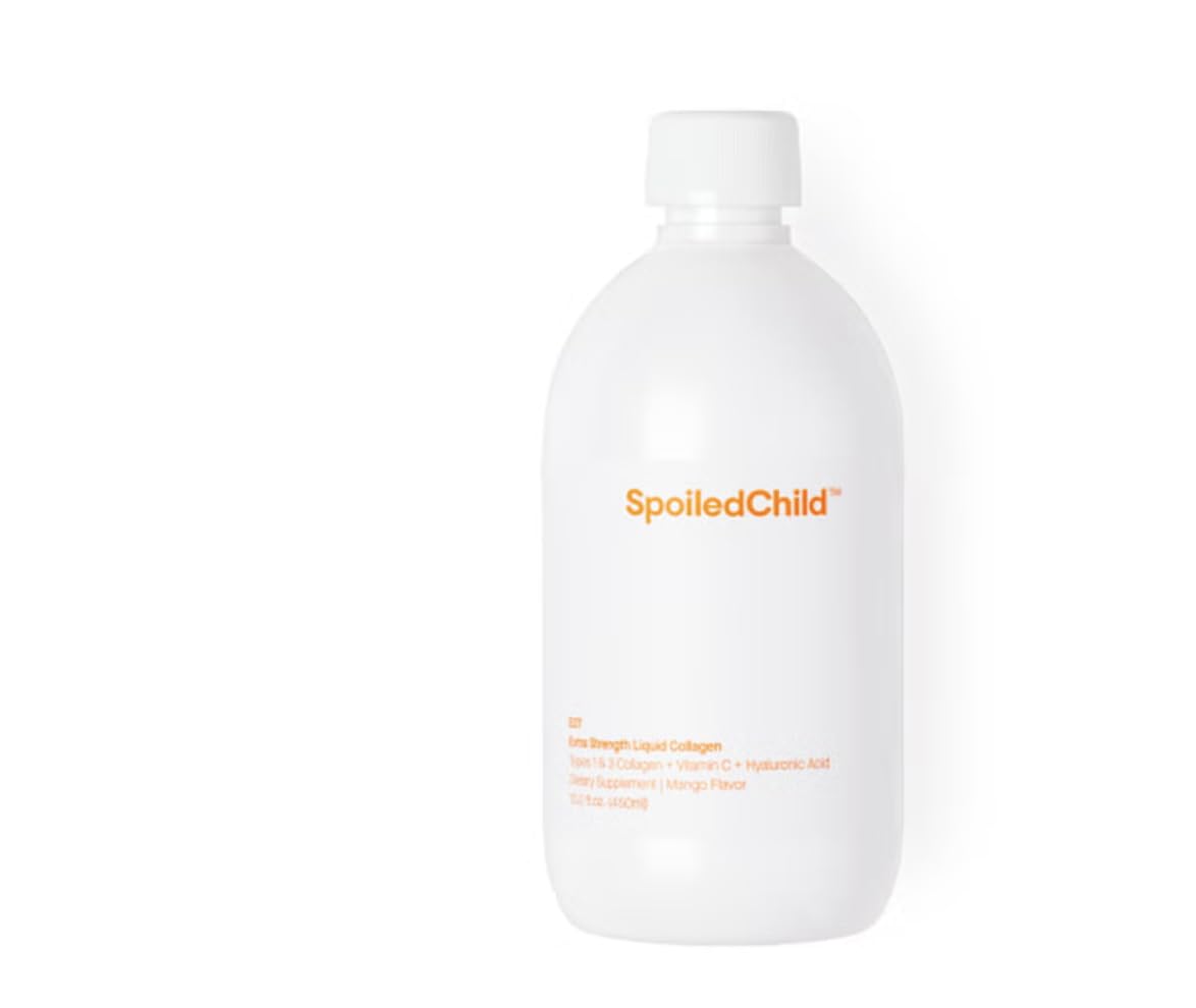 SpoiledChild collagen mango bottle showing the liquid formula for daily use
