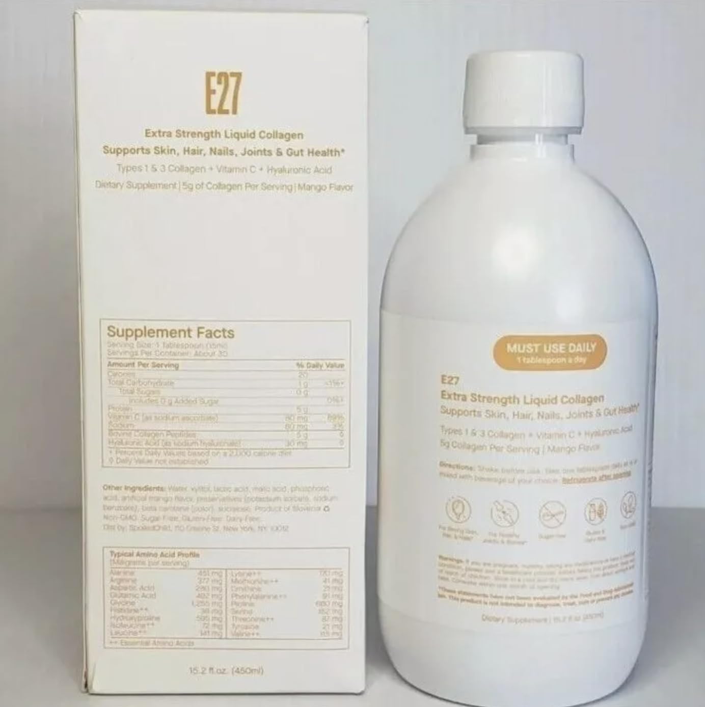 SpoiledChild collagen mango pour captured mid-pour into a glass