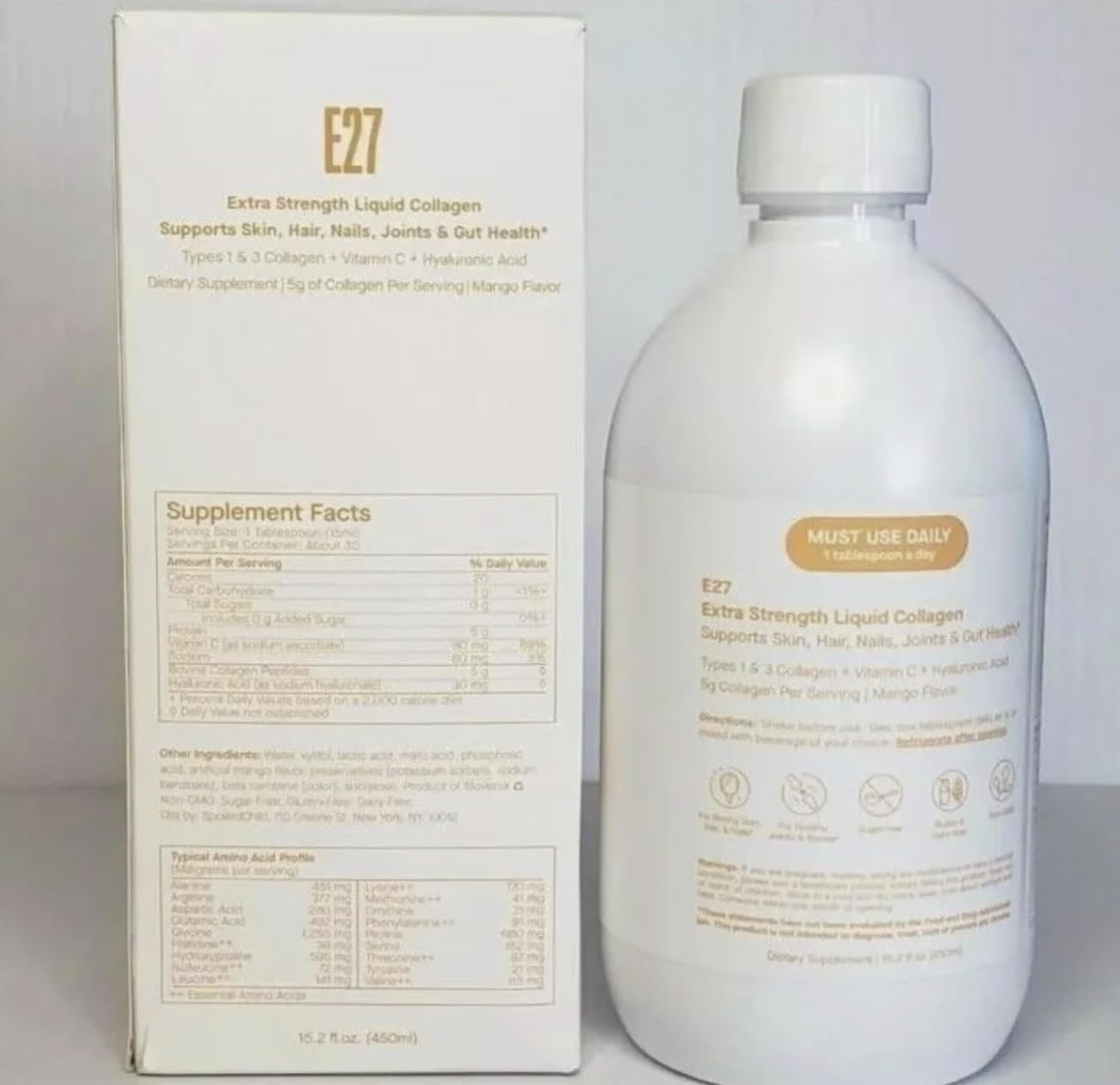 SpoiledChild collagen mango pour with measuring spoon, convenient daily dose for radiant skin.