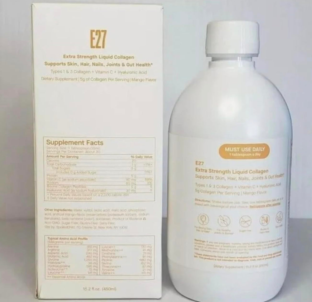 SpoiledChild collagen mango pour with measuring spoon, convenient daily dose for radiant skin.