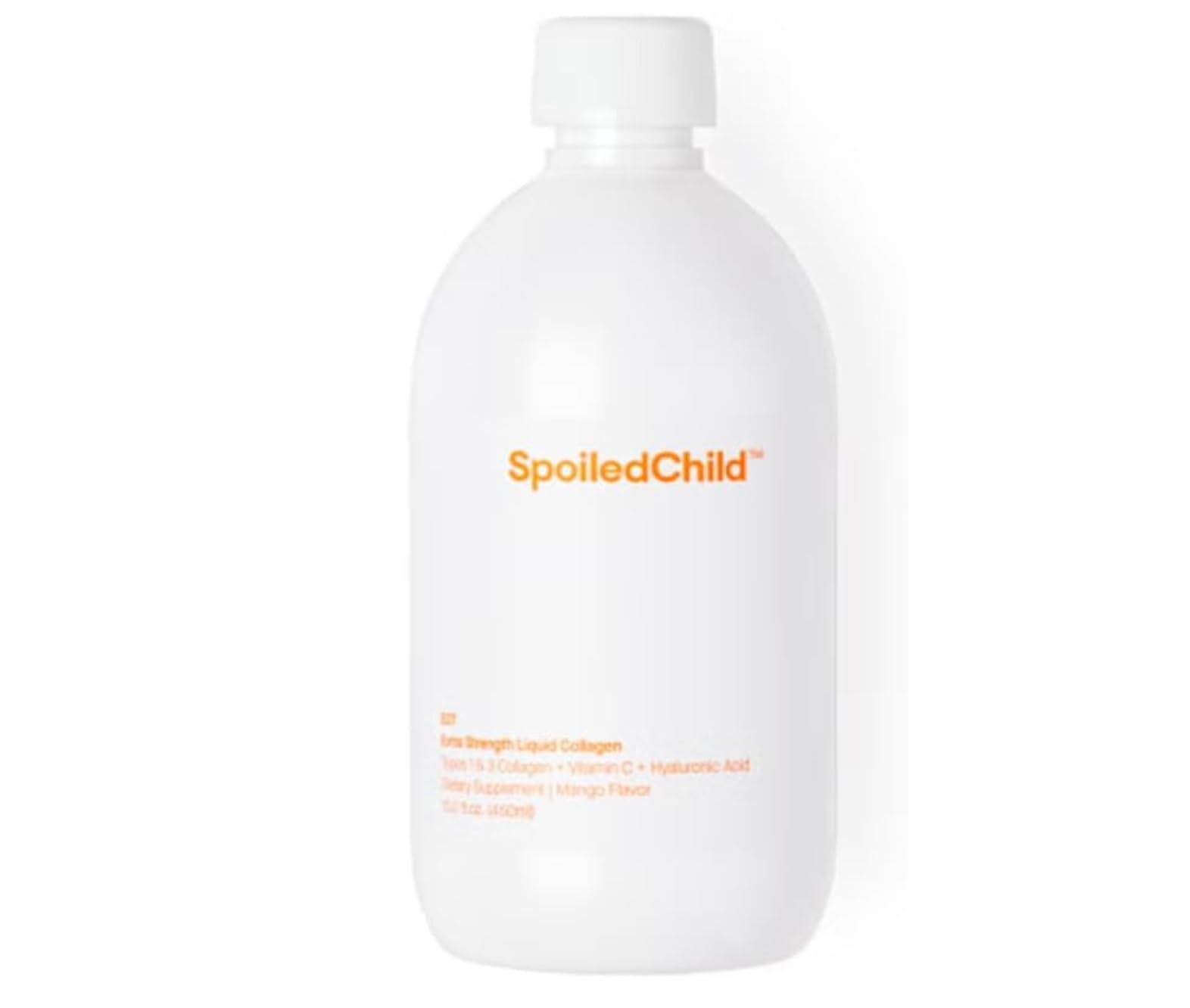 SpoiledChild liquid collagen mango bottle on counter, supporting skin and hair health.