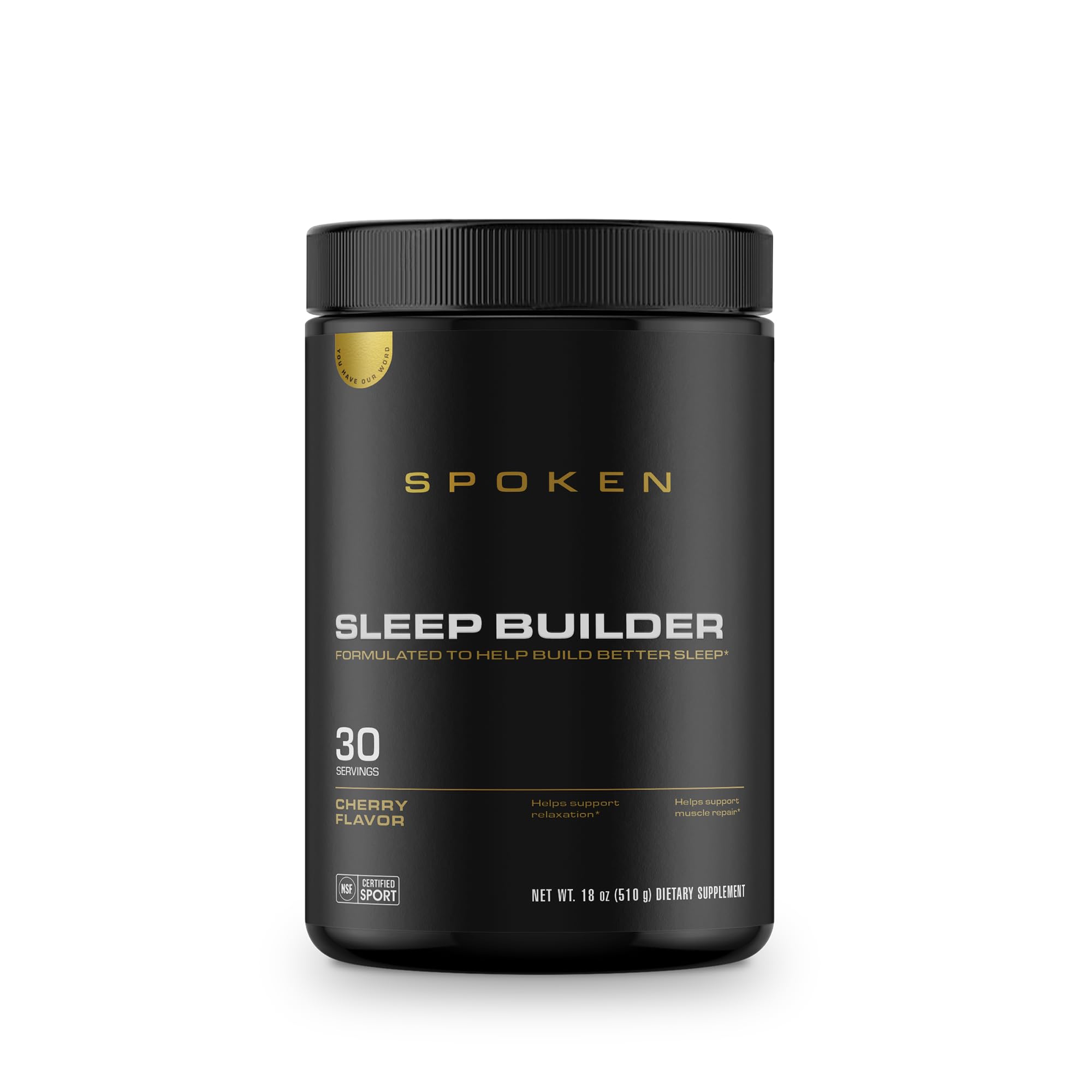 Spoken Nutrition Sleep Builder bottle label with cherry flavor and calming notes.