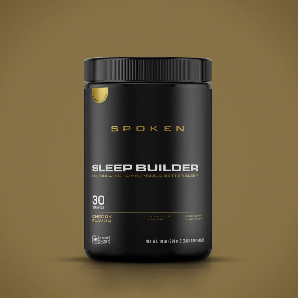 Spoken Nutrition Sleep Builder pouring powder into glass highlighting cherry flavor.
