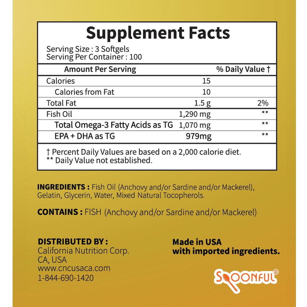 Spoonful mini-omega-3 1290mg per serving image emphasizes high potency.