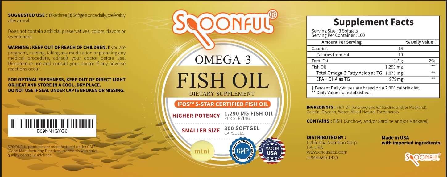Spoonful Omega-3 capsules pour shot demonstrating convenient daily intake.