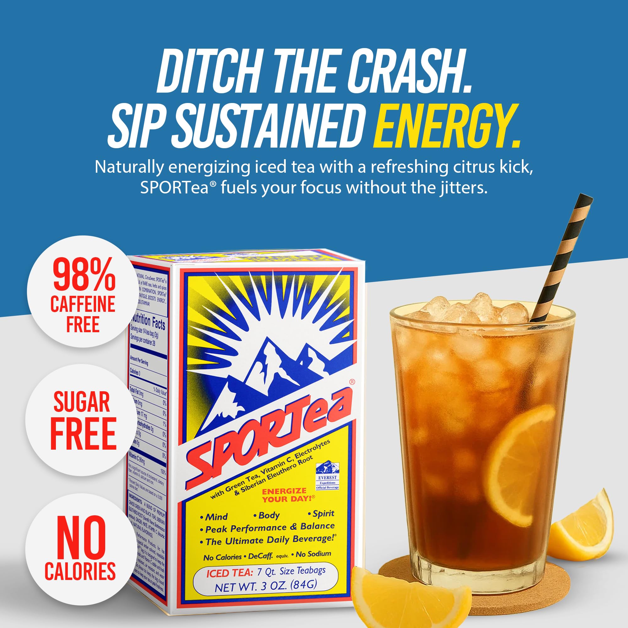SPORTea Iced glass of 8oz serve on ice showcasing thirst-quenching look.