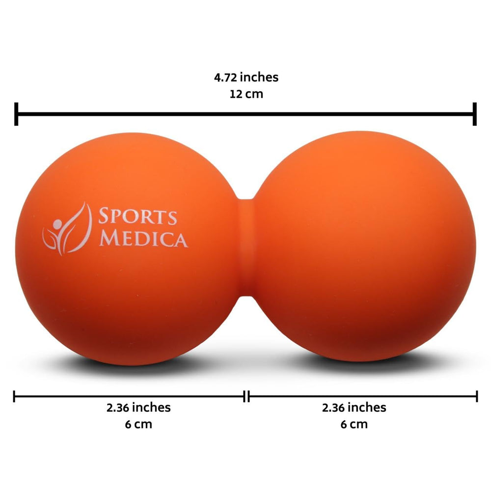 Sports Medica Peanut Massage Ball on shoulders for trigger point relief.