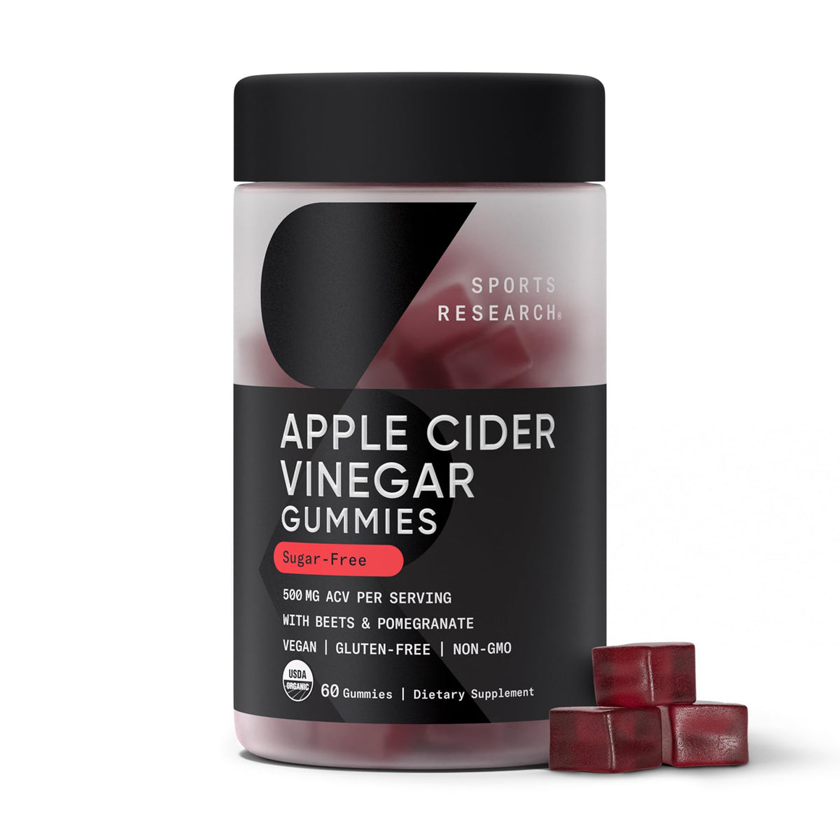 Sports Research ACV Gummies bottle highlights plant-based daily wellness support.