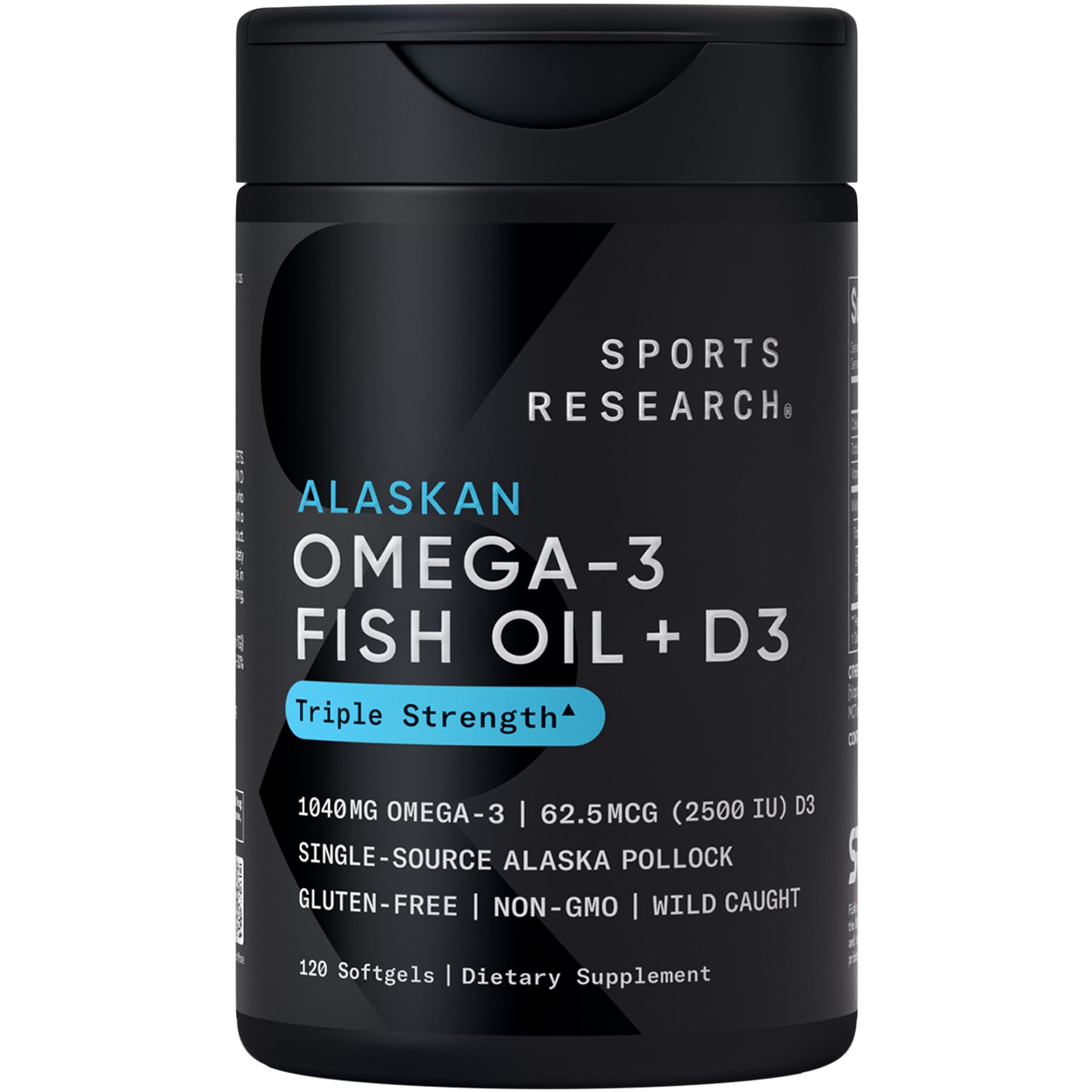 Sports Research Alaskan Omega-3 D3 bottle showing triple-strength softgels for daily heart support.