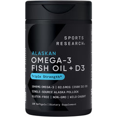 Sports Research Alaskan Omega-3 D3 bottle showing triple-strength softgels for daily heart support.