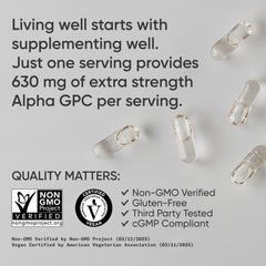 Sports Research Alpha GPC 630mg bottle-front image signals premium quality and vegan status.
