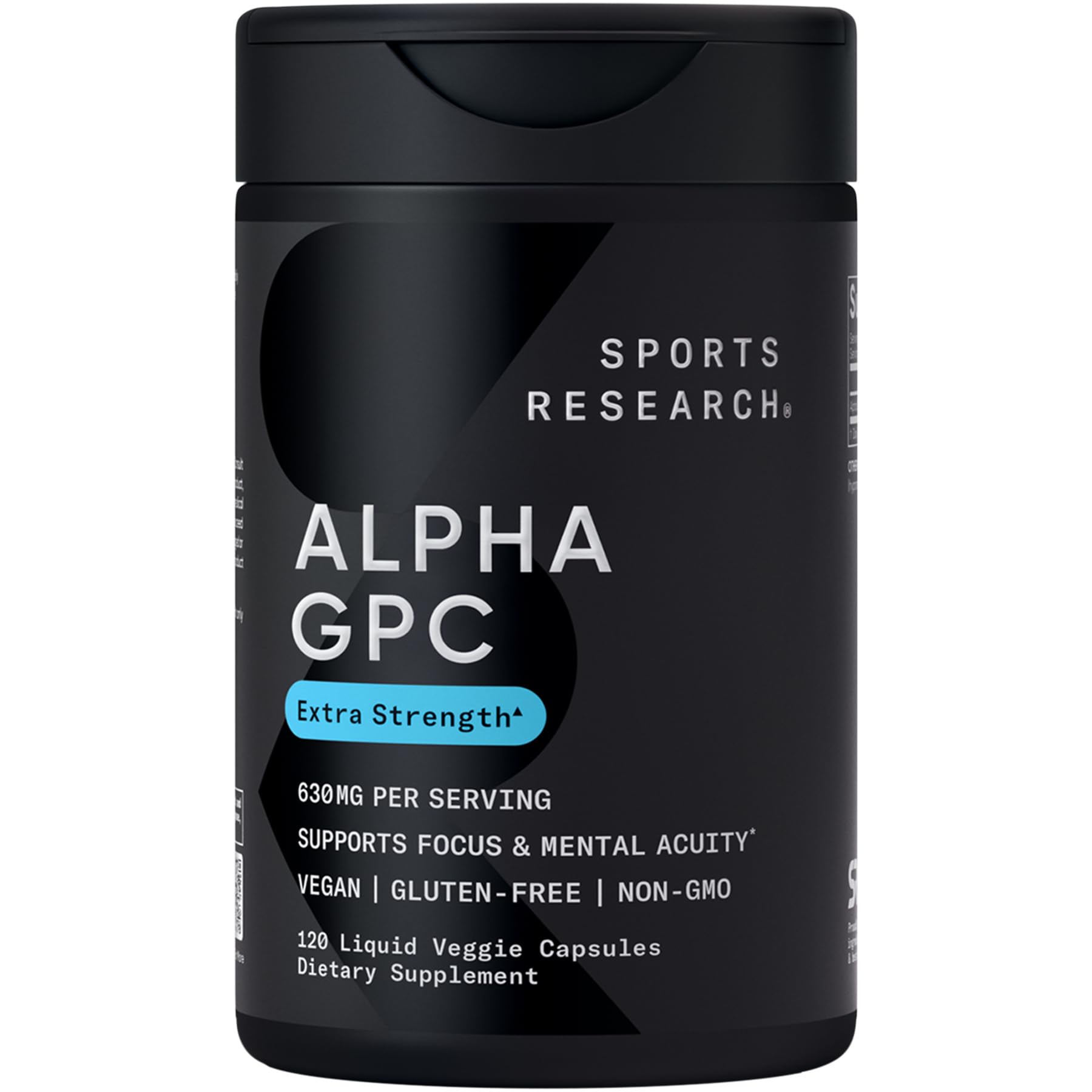 Sports Research Alpha GPC 630mg bottle boosts cognitive clarity and focus.