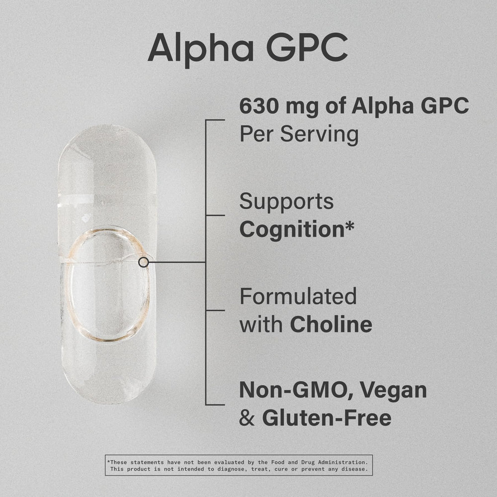 Sports Research Alpha GPC 630mg capsules support memory and cognition for study sessions.