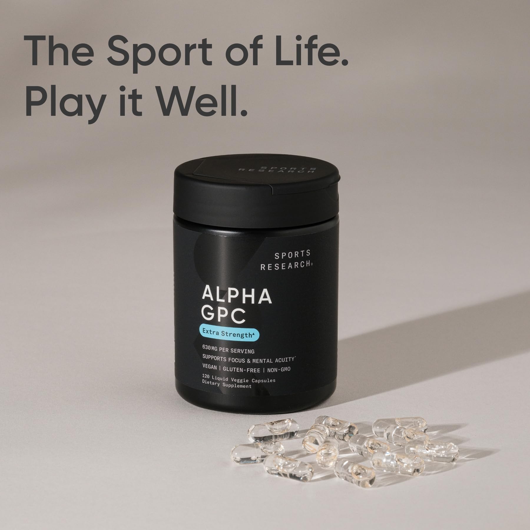 Sports Research Alpha GPC 630mg pour shot demonstrates quick, focused intake for daily routines.