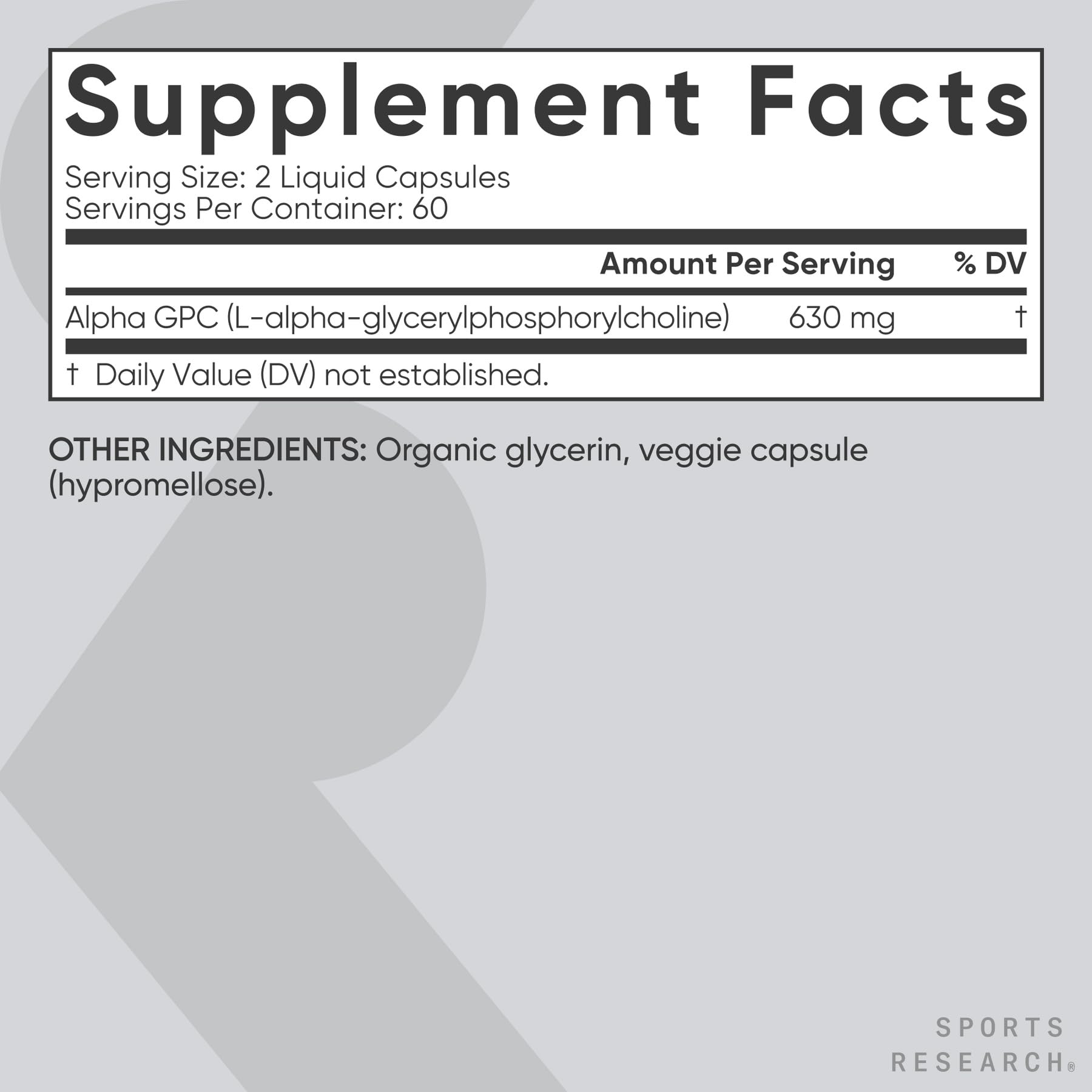 Sports Research Alpha GPC 630mg capsules shown on mat suggest performance support potential.
