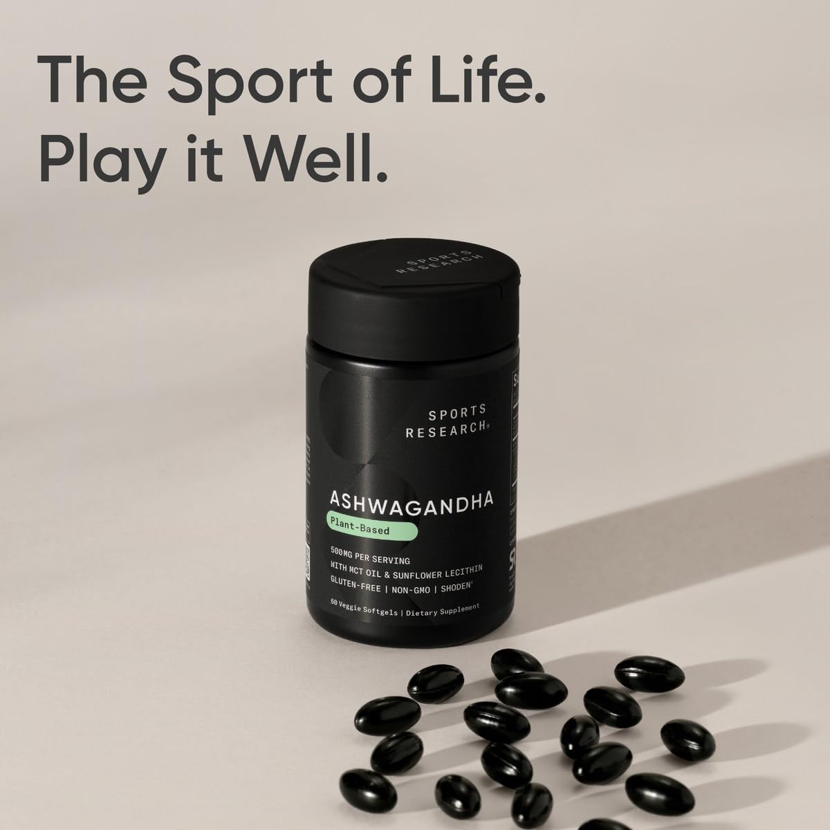 Sports Research Ashwagandha softgels third-party-tested badge ensuring quality