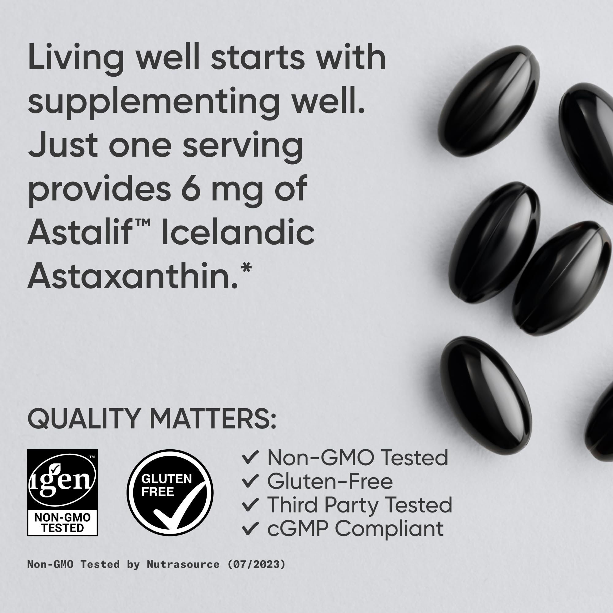 Sports Research astaxanthin softgels inside view emphasizing a simple daily dose.