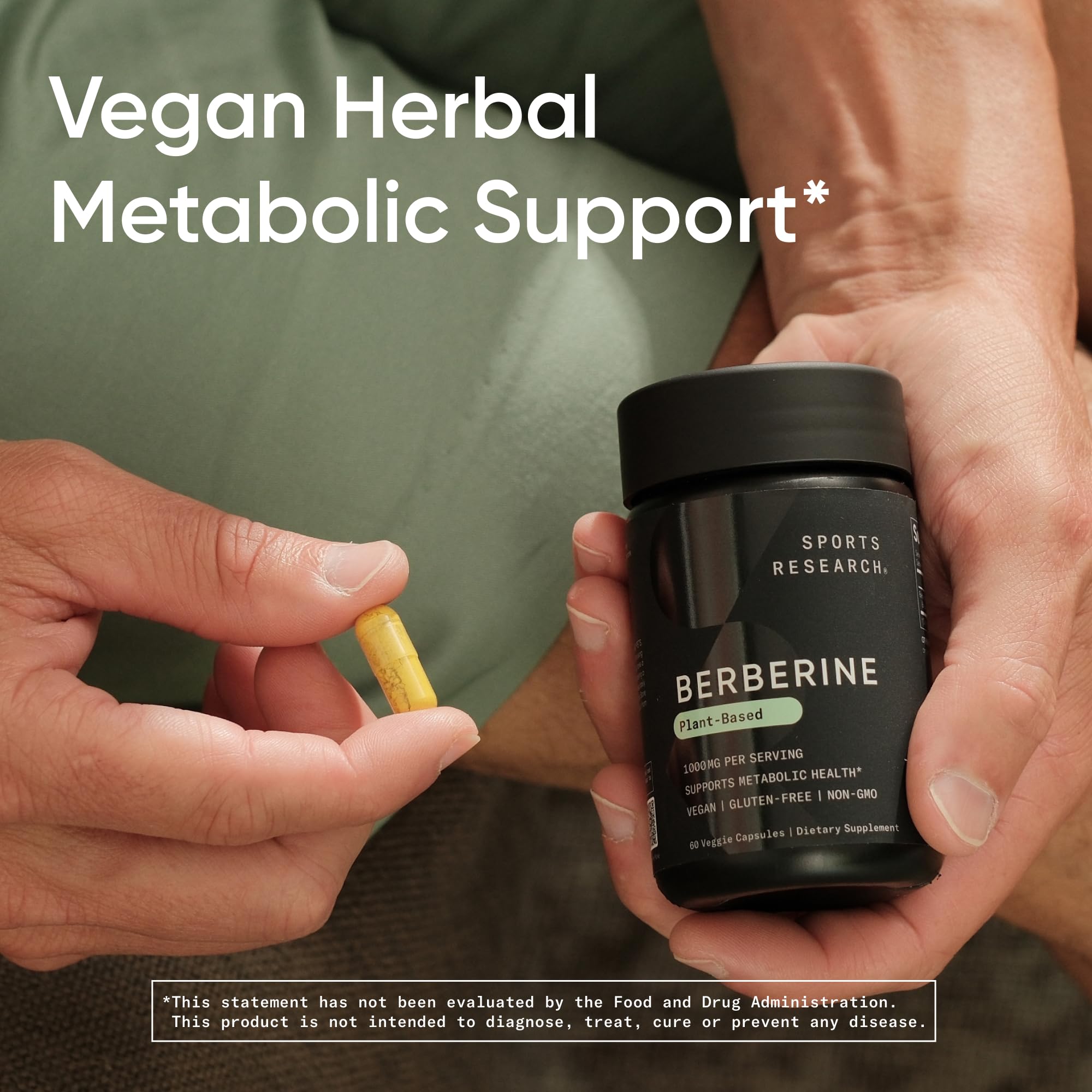 Close-up of Berberine bottle reveals gluten-free and non-GMO ingredients.