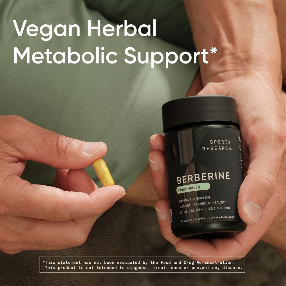Close-up of Berberine bottle reveals gluten-free and non-GMO ingredients.